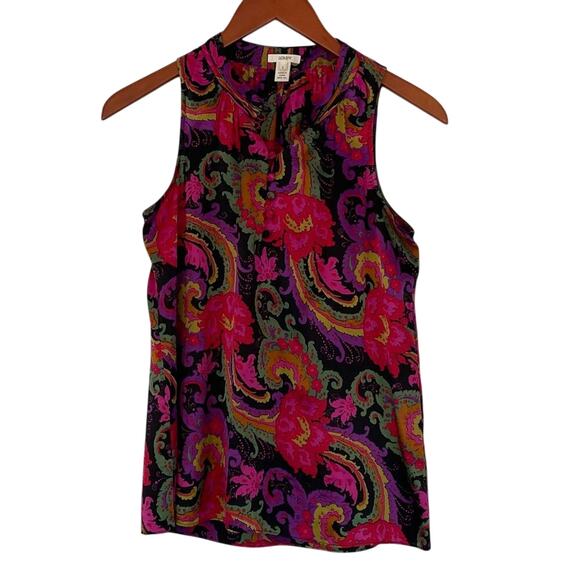 J. Crew Silk Paisley Sleeveless Round Collar Button Blouse, Shirt, Size 2 - Picture 1 of 12